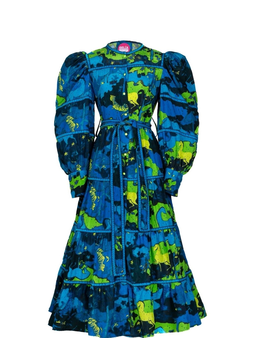 Celia B Blue & Lime Printed Puff-Sleeve Midi Dress